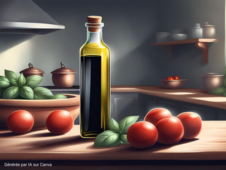 Choisir son huile d’olive : une bouteille d’huile posée sur une table de cuisine, avec des tomates et du basilic – image générée par IA sur Canva