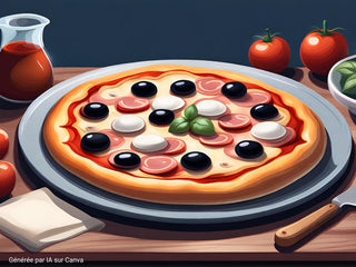 Réussir sa pizza maison avec sauce tomate, mozzarella, jambon, olives et feuilles de basilic – image générée par IA sur Canva