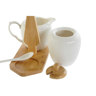 Pot à lait et sucrier Porcelaine Blanc support Naturel Bambou 19,5 x 9 x 17 cm DKD Home Decor