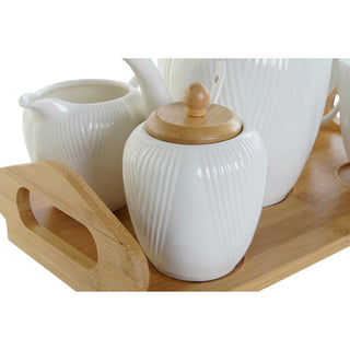 Ensemble théière, 2 tasses, pot à lait, sucrier Porcelaine et plateau Bambou DKD Home Decor