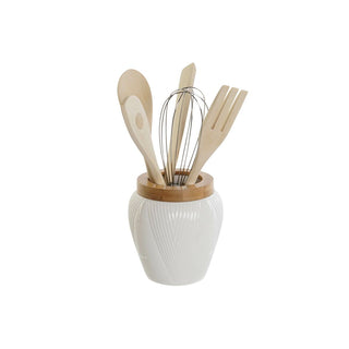 Pot pour ustensiles de cuisine DKD Home Decor Blanc Bambou Porcelaine 10,5 x 10,5 x 12 cm 6 Pièces