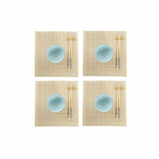 Set de sushi DKD Home Decor 14,5 x 14,5 x 31 cm Bleu Blanc Grès Oriental (16 Pièces)