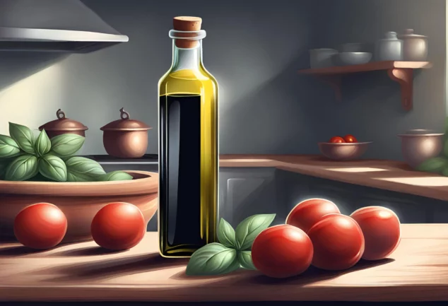 Choisir son huile d’olive : une bouteille d’huile posée sur une table de cuisine, avec des tomates et du basilic – image générée par IA sur Canva