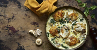 Photo de la recette : Recette cuisses de poulets à la sauce à la crème avec champignons et épinards