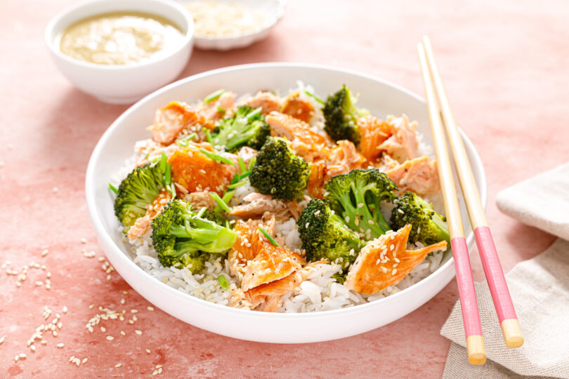 Photo de la recette : Recette riz au brocolis et saumon sauce sésame