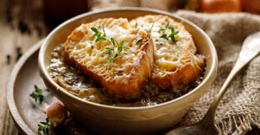 Photo de la recette : Recette soupe à l'oignon avec des croutons de pain grillés