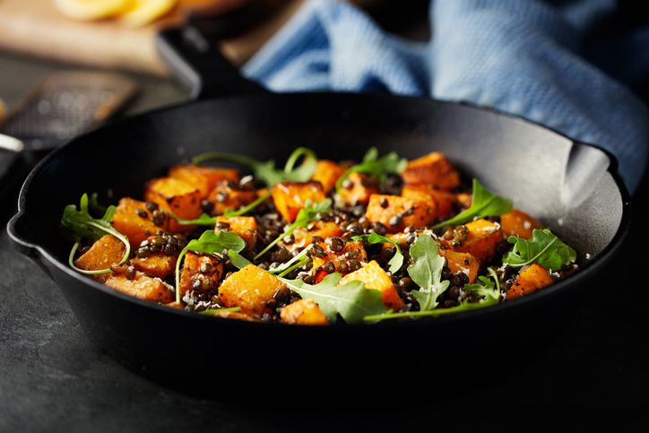 Photo de la recette : Recette courges rôties aux lentilles et salade